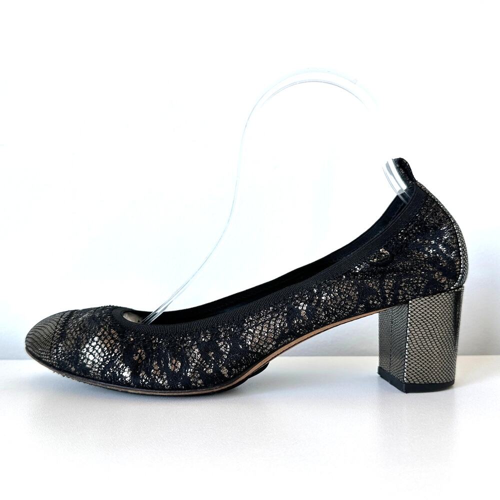 CHANEL Black Gold Metallic Cap Toe Stretchy Block Heel Pumps IT 40 - Picture 2 of 16